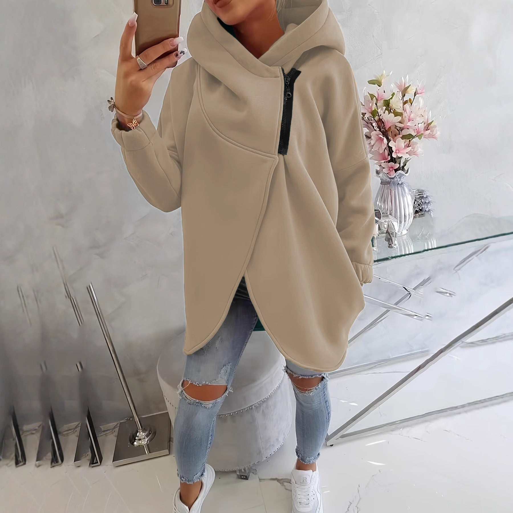 Sweat-shirt casual à capuche noir à manches longues européen et américain avec fron