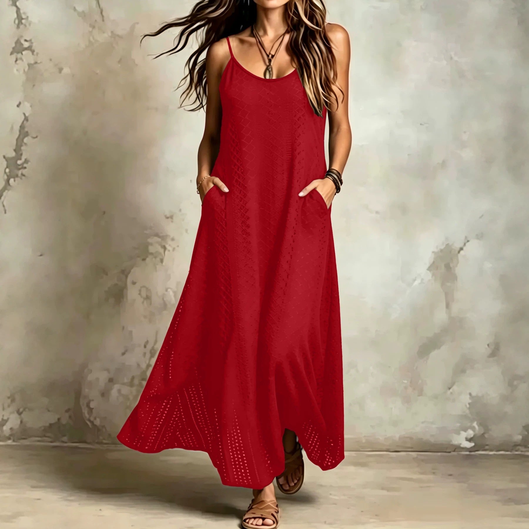 Style vacances bohème Solide couleur Spaghetti Sangle V-Neck Robe de femme avec un paresseux et R