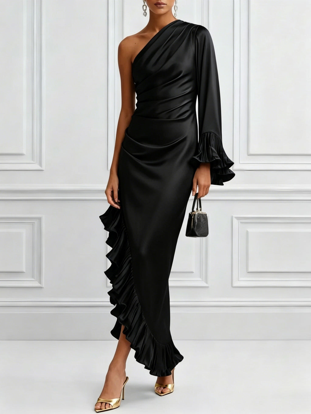 Robe asymétrique plissée satinée de couleur solide