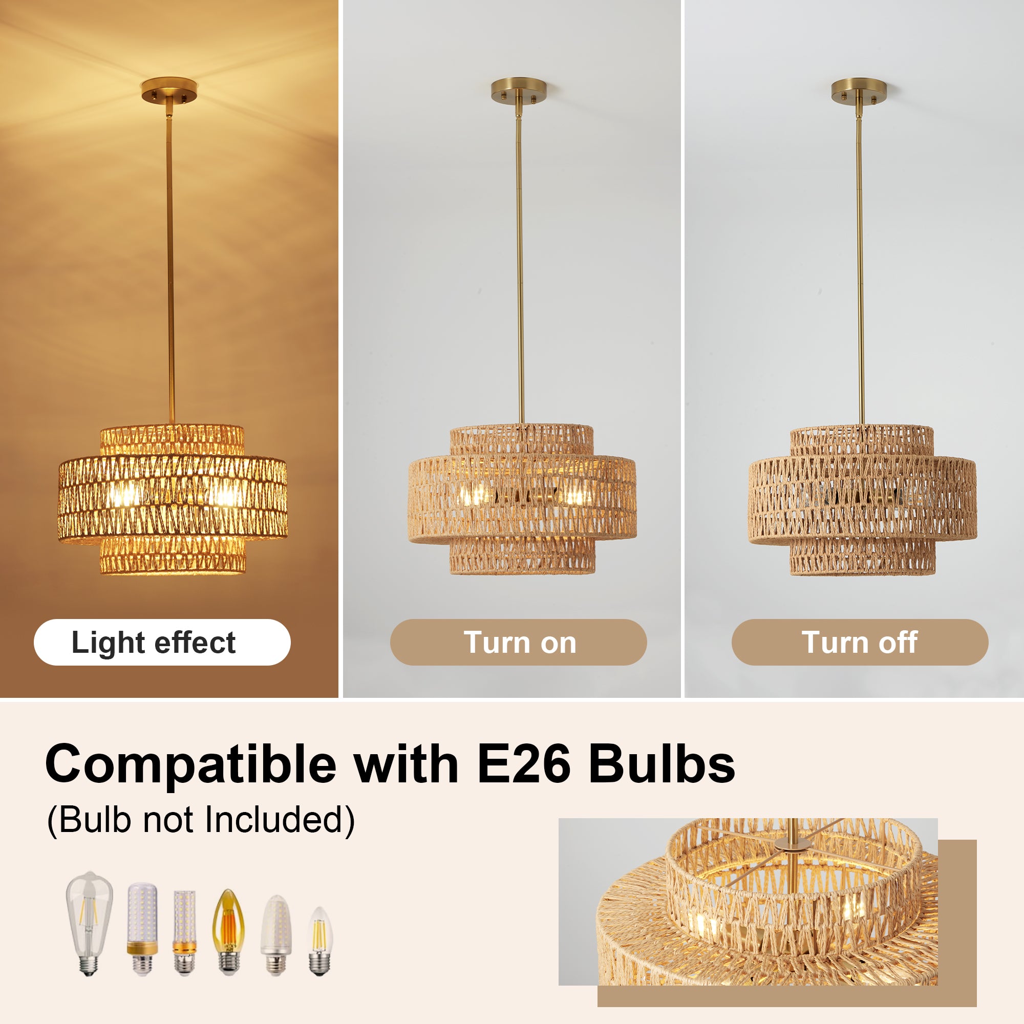17.7" Boho Rattan Chandelier pour salle à manger luminaire