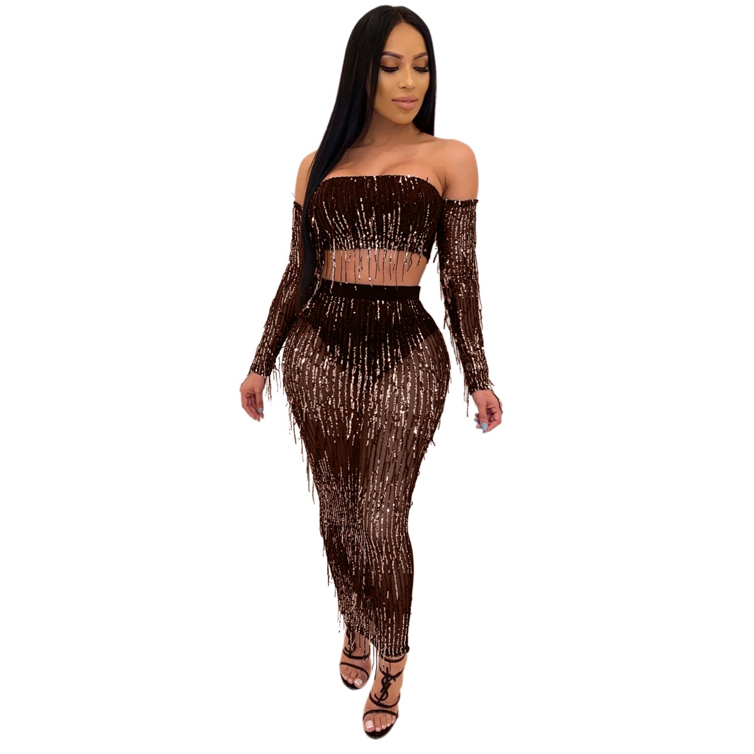 Mode Sexy See-through Mesh Sequins Tassel Ensemble deux pièces