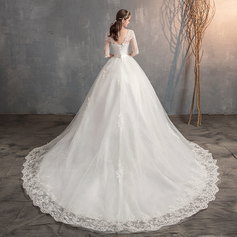 Robe de mariée Trailing Deep V Col Dentelle Haute Robe de mariée à manches longues
