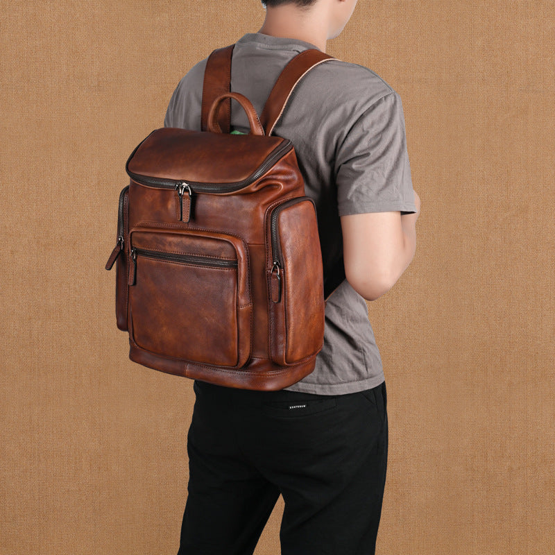Men's Genuine Cowhide Leather Double-Layer Retro Backpack