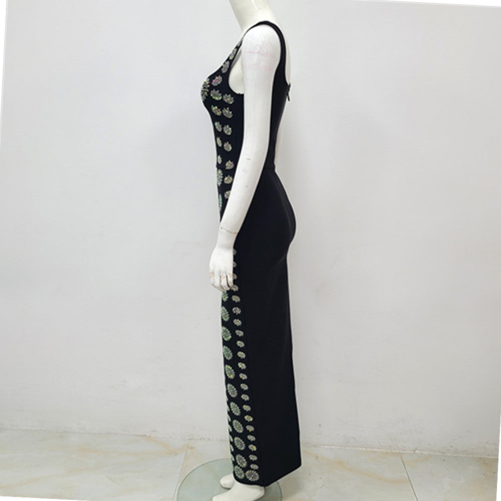 Robe de soirée à col U noir sans manches Strass Élégante robe de bandage mince
