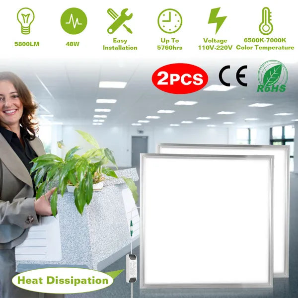 2 PCS 48W 2FT LED Panel Light 5800LM 7000K Ceiling Lighting 150W Equivalent LED Troffer Re