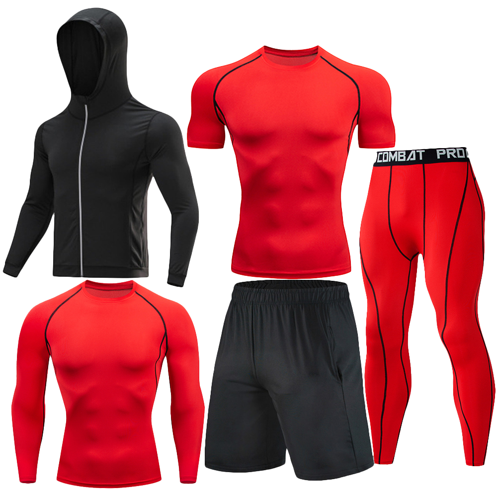 Hommes 5 pièces Ensemble d'entraînement de compression Veste zippée à capuche manches longues manches courtes