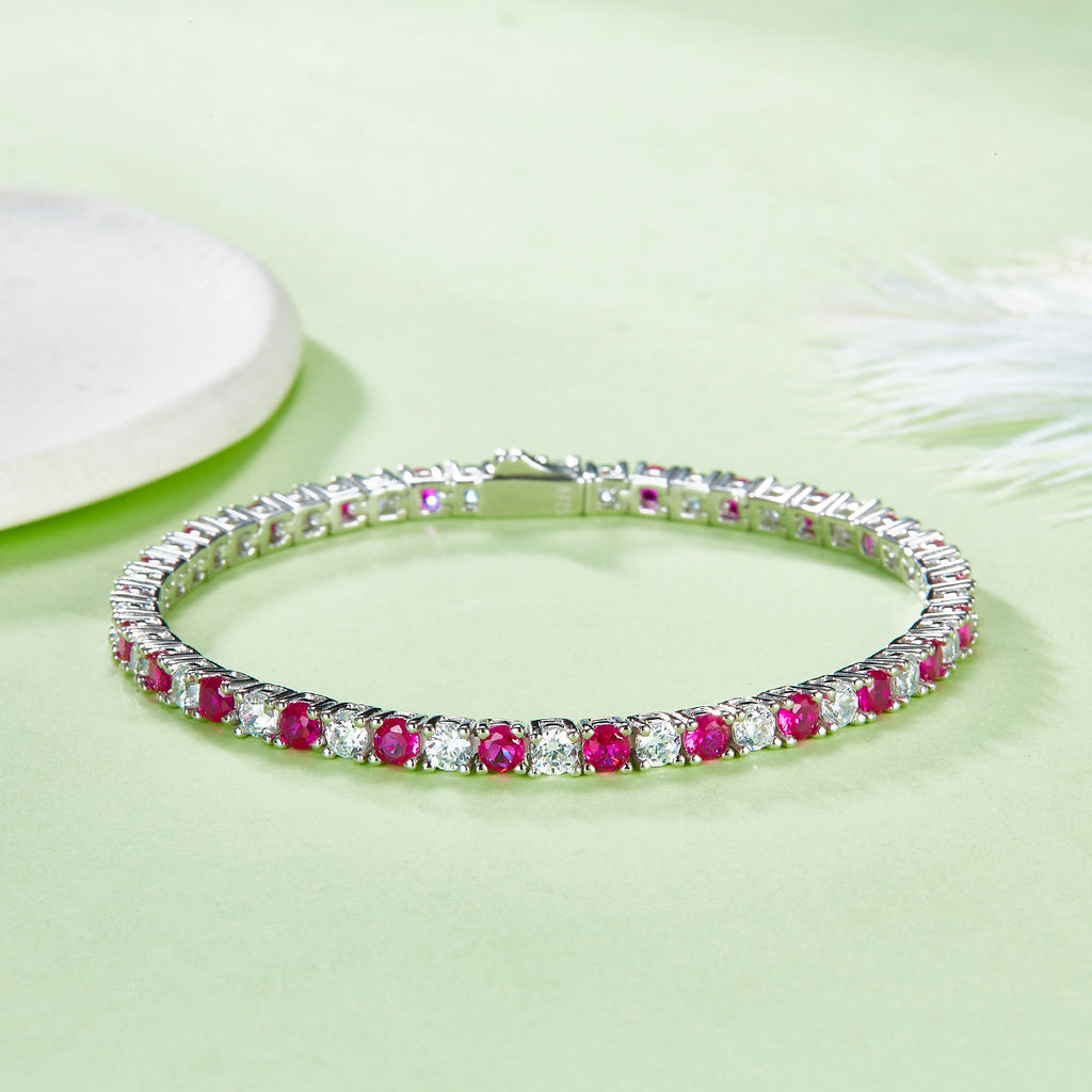 S925 Argent Sterling 3x3mm Lab-Grown Gemstone Bracelet de tennis pour femmes 16.5cm 8.6g Bl Rouge