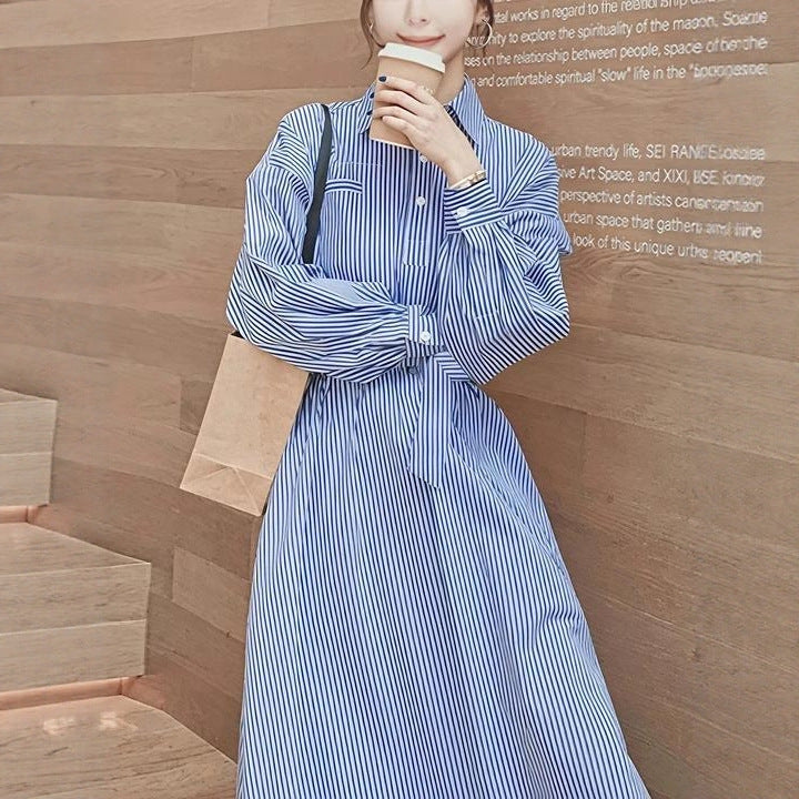 Women's blue and white striped shirt dress