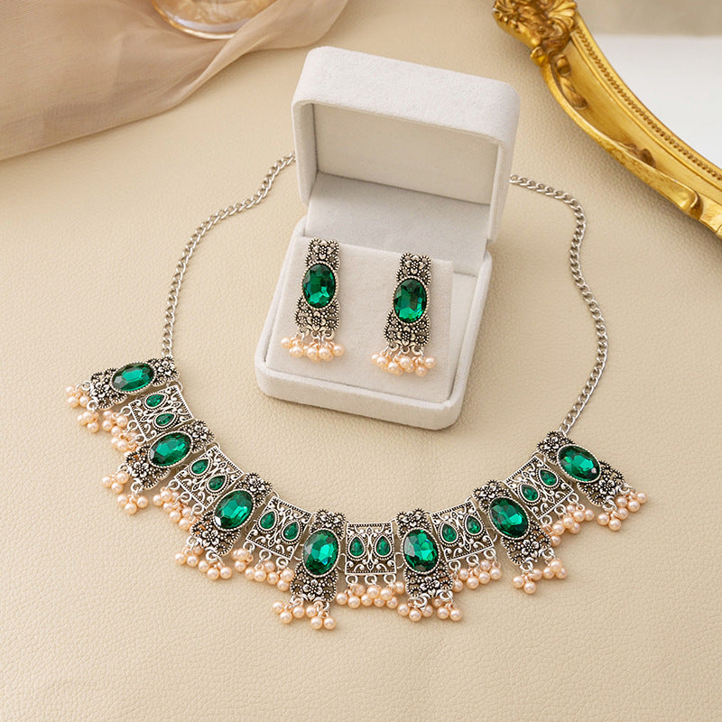 Boucles d'oreilles vintage Emerald Style ethnique Square Tassel Perle Pendentif bijoux costume