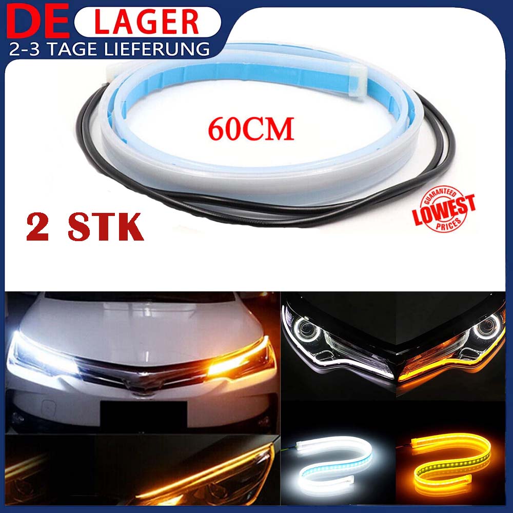 2Pcs 60cm Flexible Switchback LED Bandes lumineuses blanc et ambre DRL Turn Signal 12V IP68 Wate