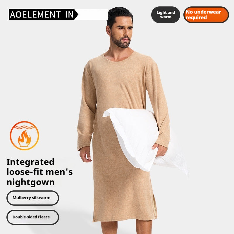 Homme AutomneHiver Manches longues Une piece Robe de nuit Longueur genou Peignoir Longue chemise de nuit