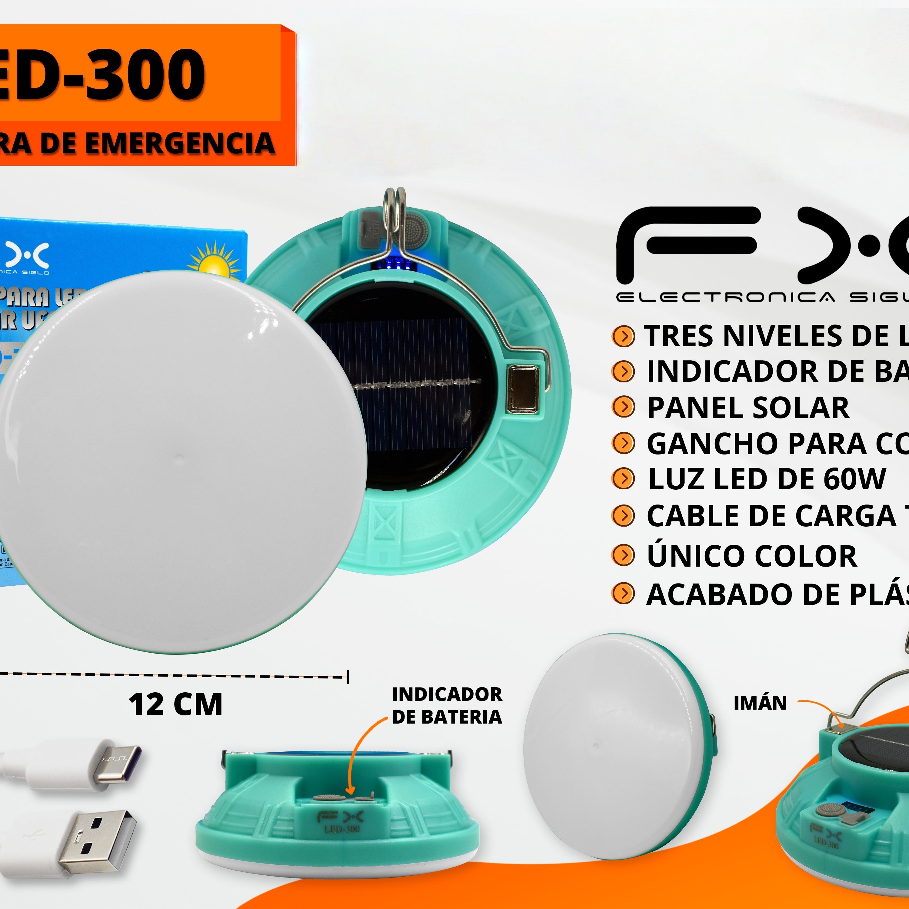 Lumière d'urgence de charge solaire 60w à trois vitesses Type-c avec crochet