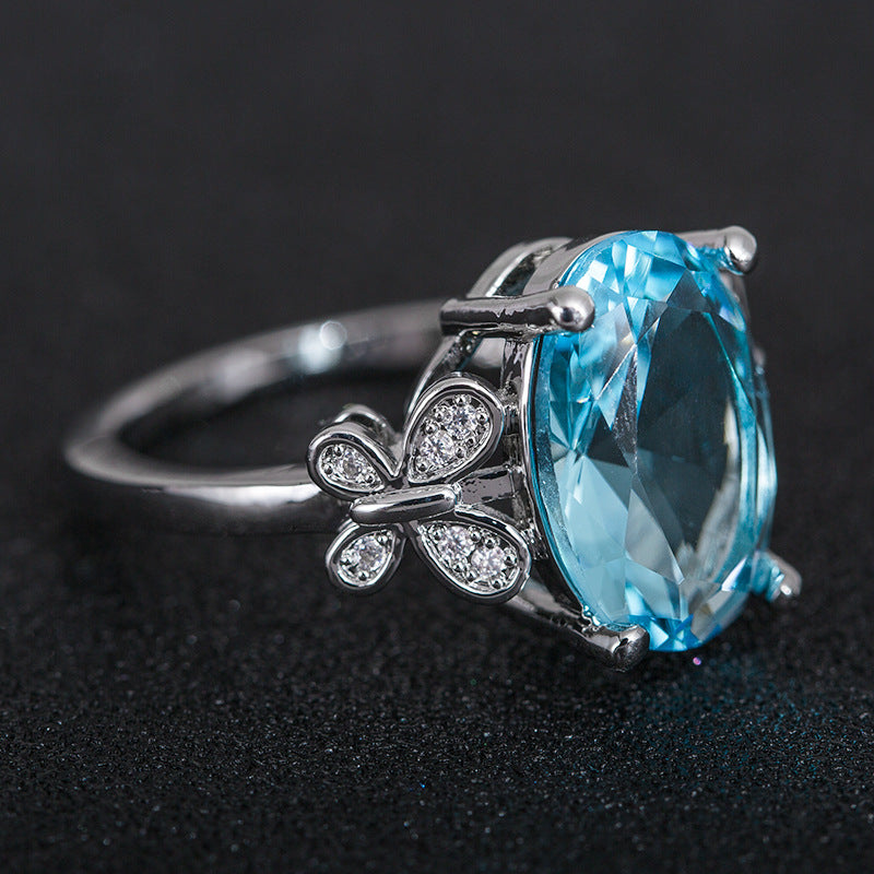 Grandeur Sea Blue Zircon Ladies Ring Simple Bow Ring Ring