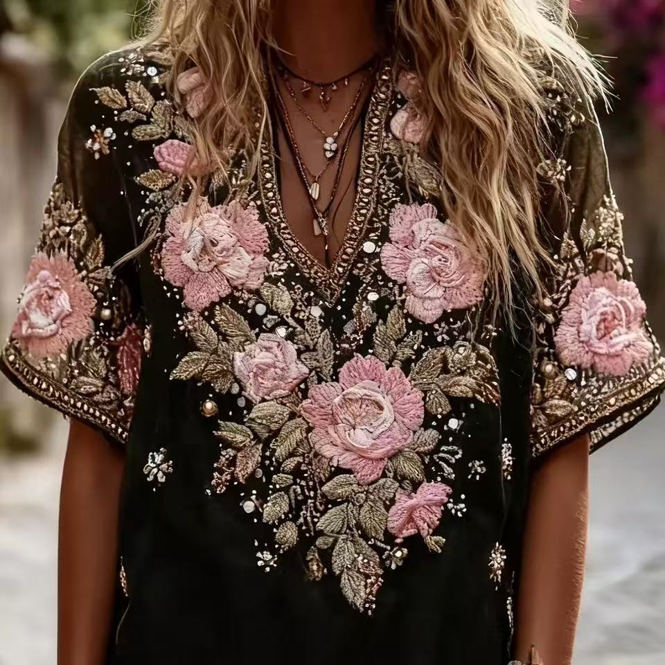 Top femme à manches courtes avec faux design Jacquard