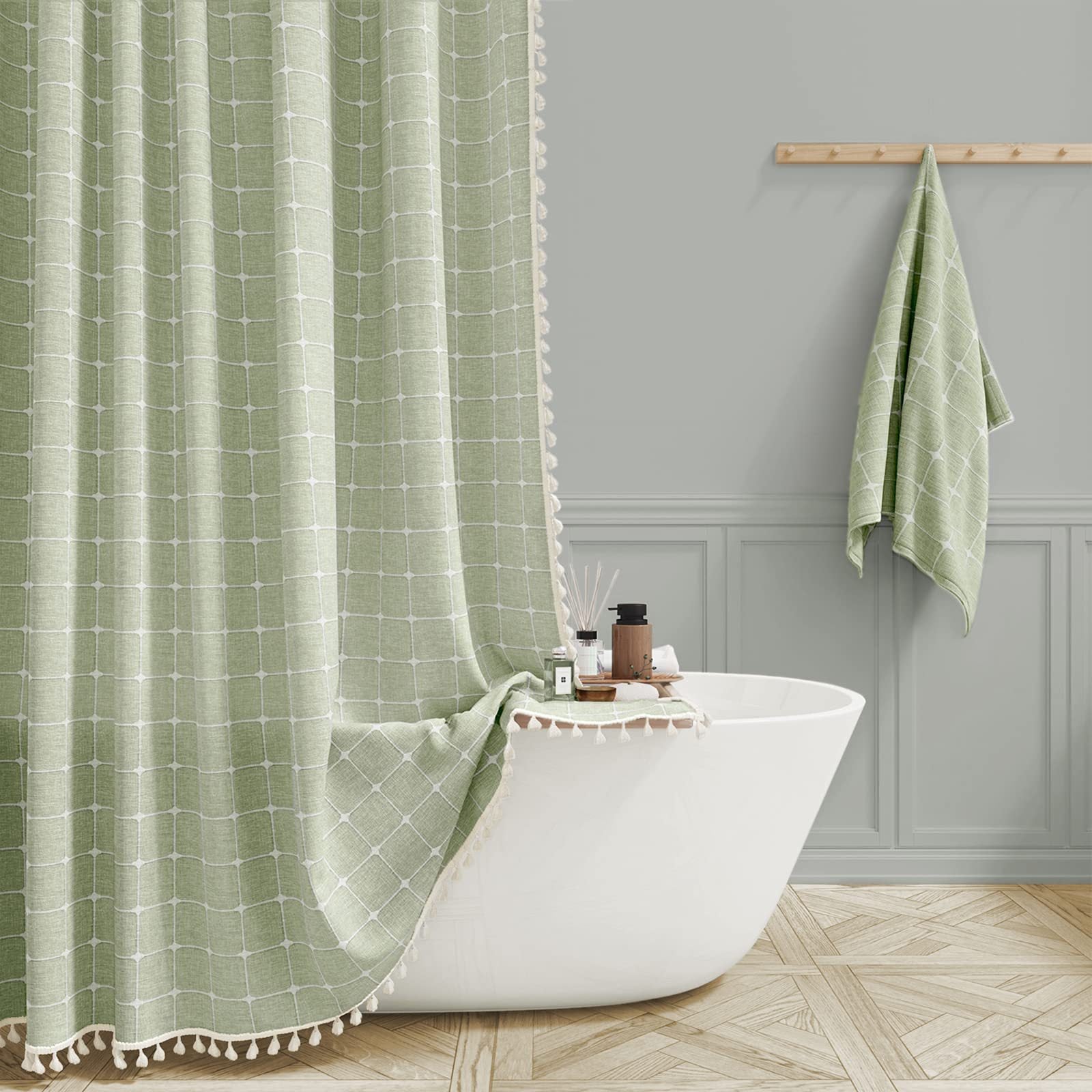 Tencel-linen Checkered Tassel Salle de bain Checkered Partition Rideau de douche imperméable Curta