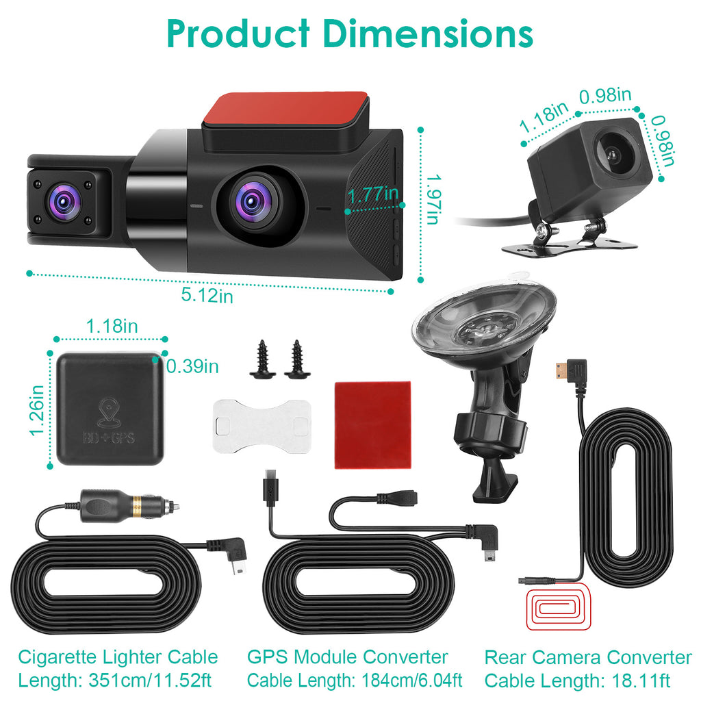 2K Voiture DVR 3 Channel Dash Cam Caméra enregistreur avec 140 degrés Angle GPS WiFi Nig