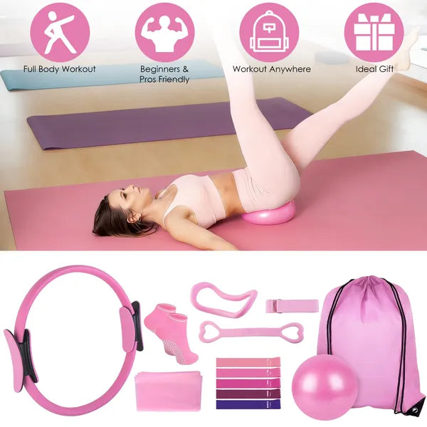 14Pcs Pilates Anneau Essentials-Kit pour les femmes avec bras de bal de yoga Stretcher 5 bandes résistantes