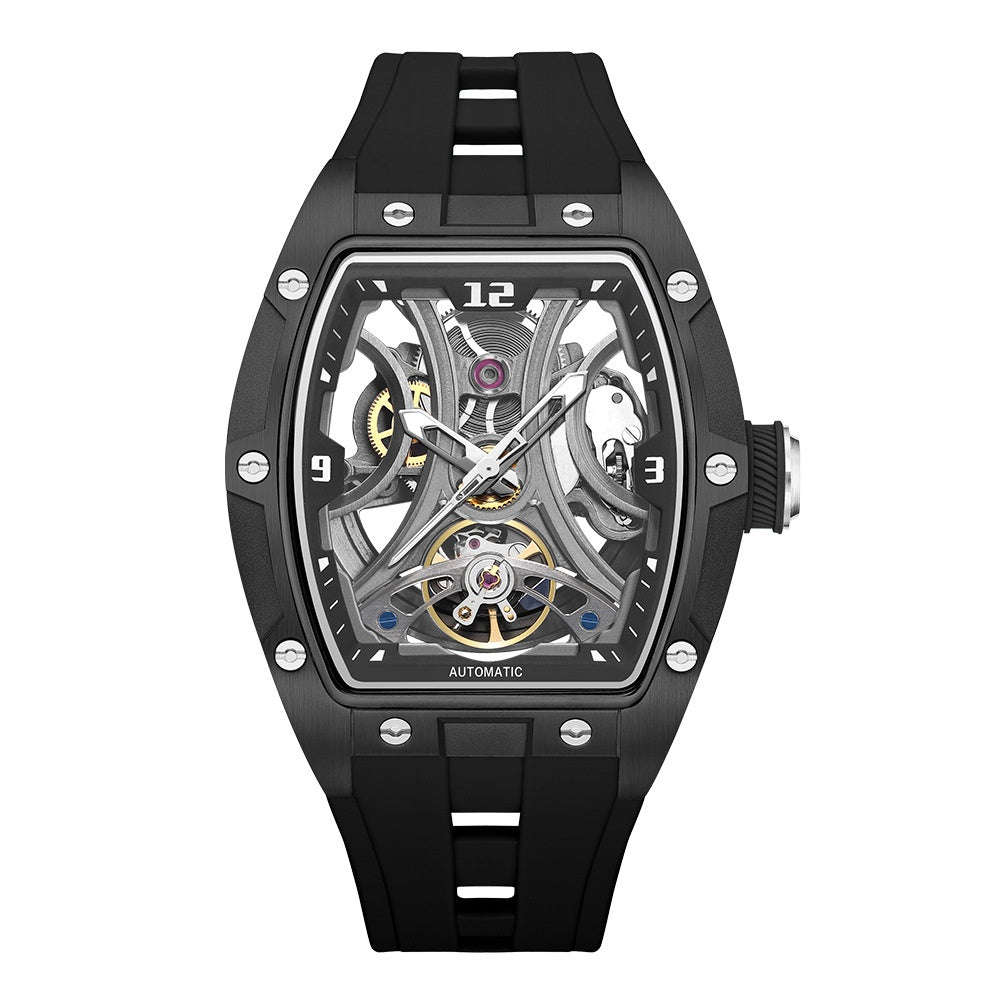 Montre en forme de barrique avec un boîtier en acier Mouvement automatique à squelette complet