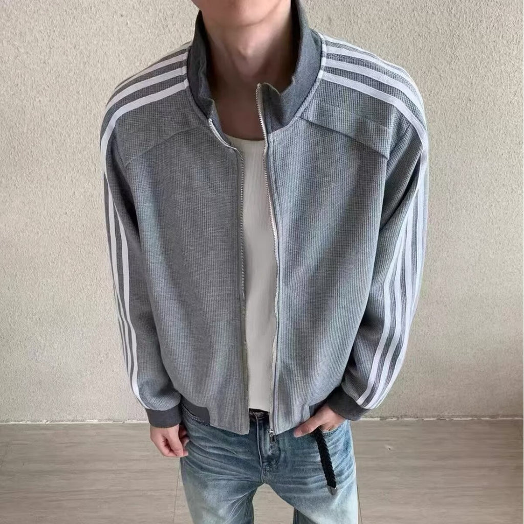 Patchwork rayé Stand-collar Hommes veste manches longues