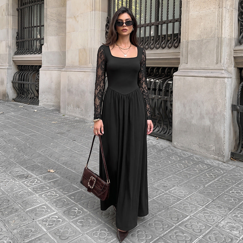 Élégante robe à manches longues en dentelle à col carré