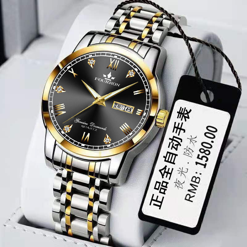 Double calendrier lumineux Quartz acier inoxydable Imperméable montre homme avec montre