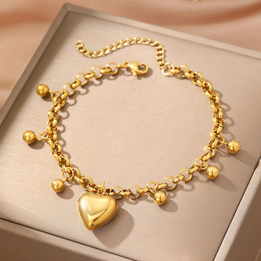 Femmes Gold Tone Puffy bracelet de charme coeur acier inoxydable pendentif coeur 3D avec dengling