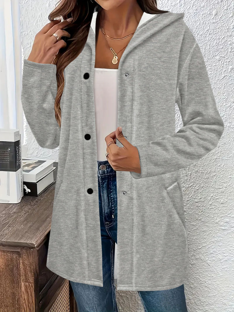 Femmes Bouton à capuche Cardigan à manches longues Loose Mid Longueur Coat Casual Outerwear avec