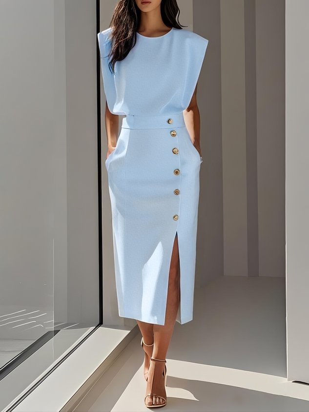 European and American Women's Round Neck Bouton sans manches Slit Solid Color Fashionable Ve