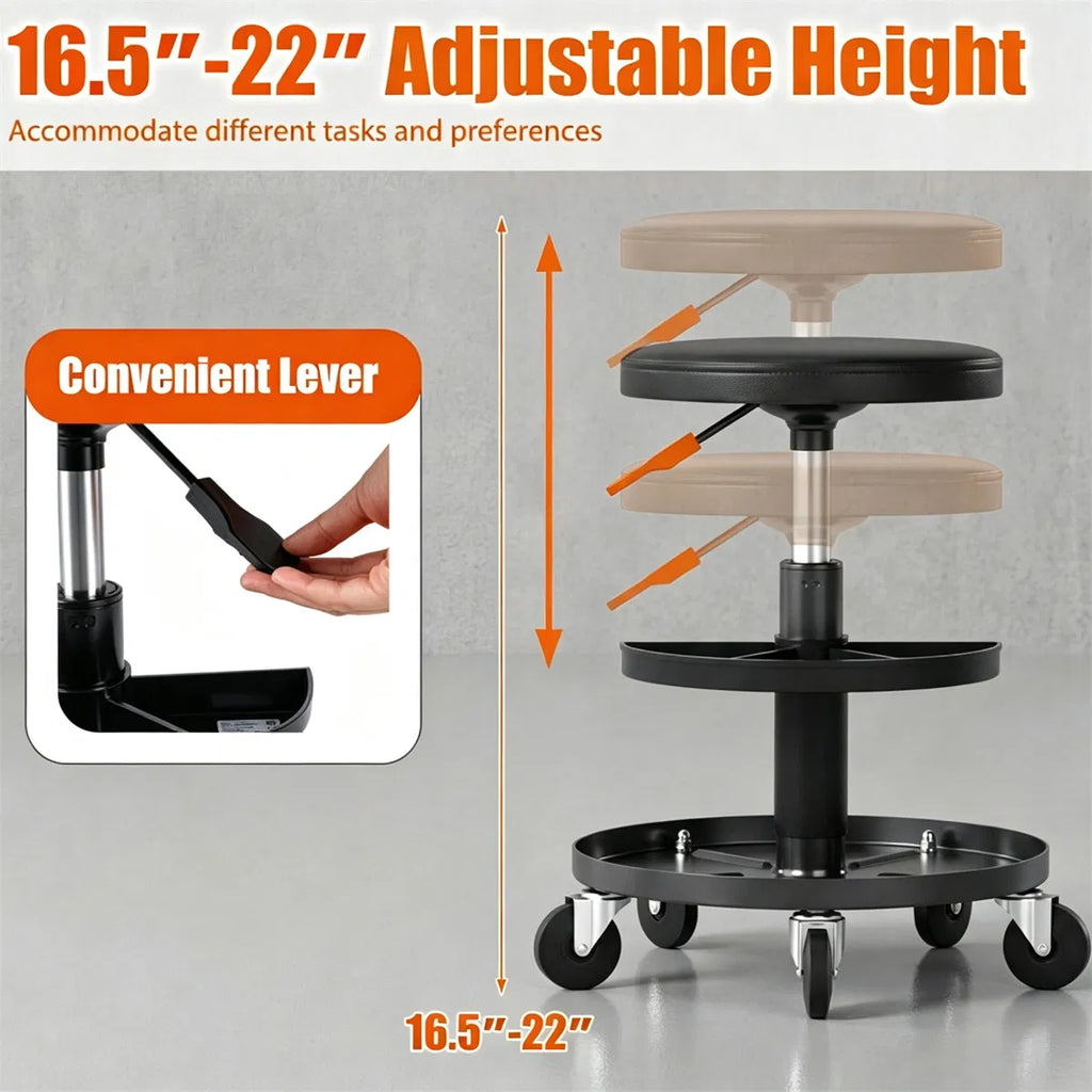 Tabouret mécanique à rouleaux réglable noir avec bacs de stockage d'outils de 2 étages