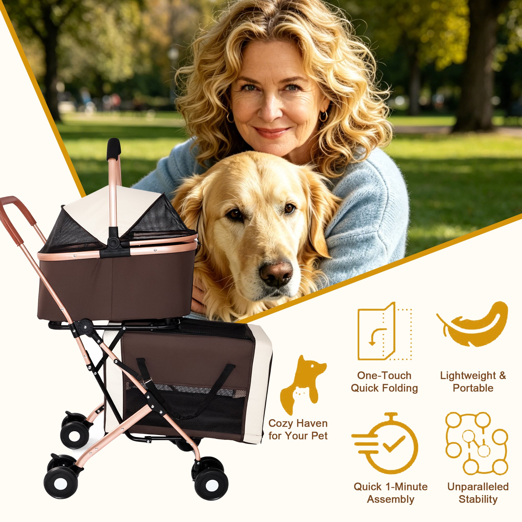 Poussette 3-en-1 pour petits chiens moyens Chats