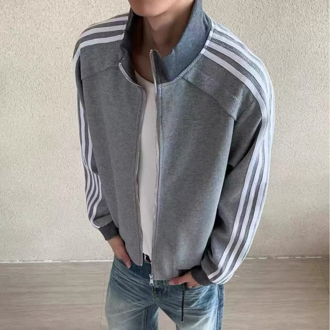 Patchwork rayé Stand-collar Hommes veste manches longues