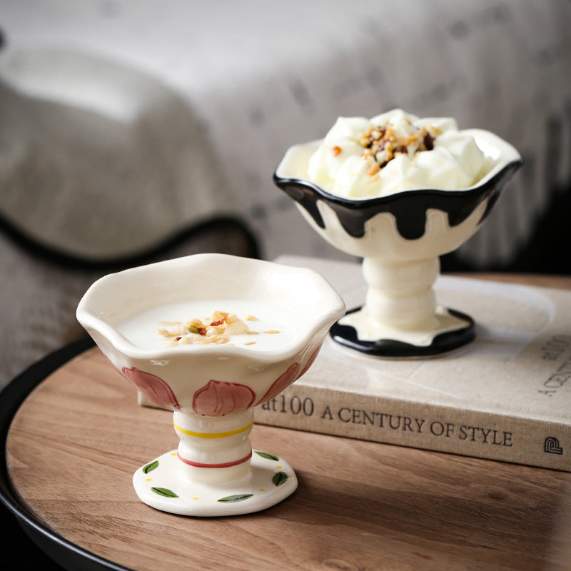 Underglaze Décoré Céramique High Footed Cup Ice Cream Bowl Dessert Cup
