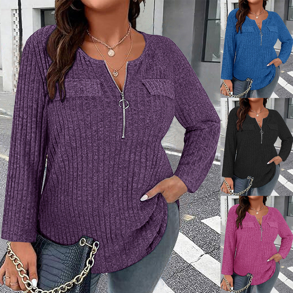 T-shirt casual femme à manches longues col en V