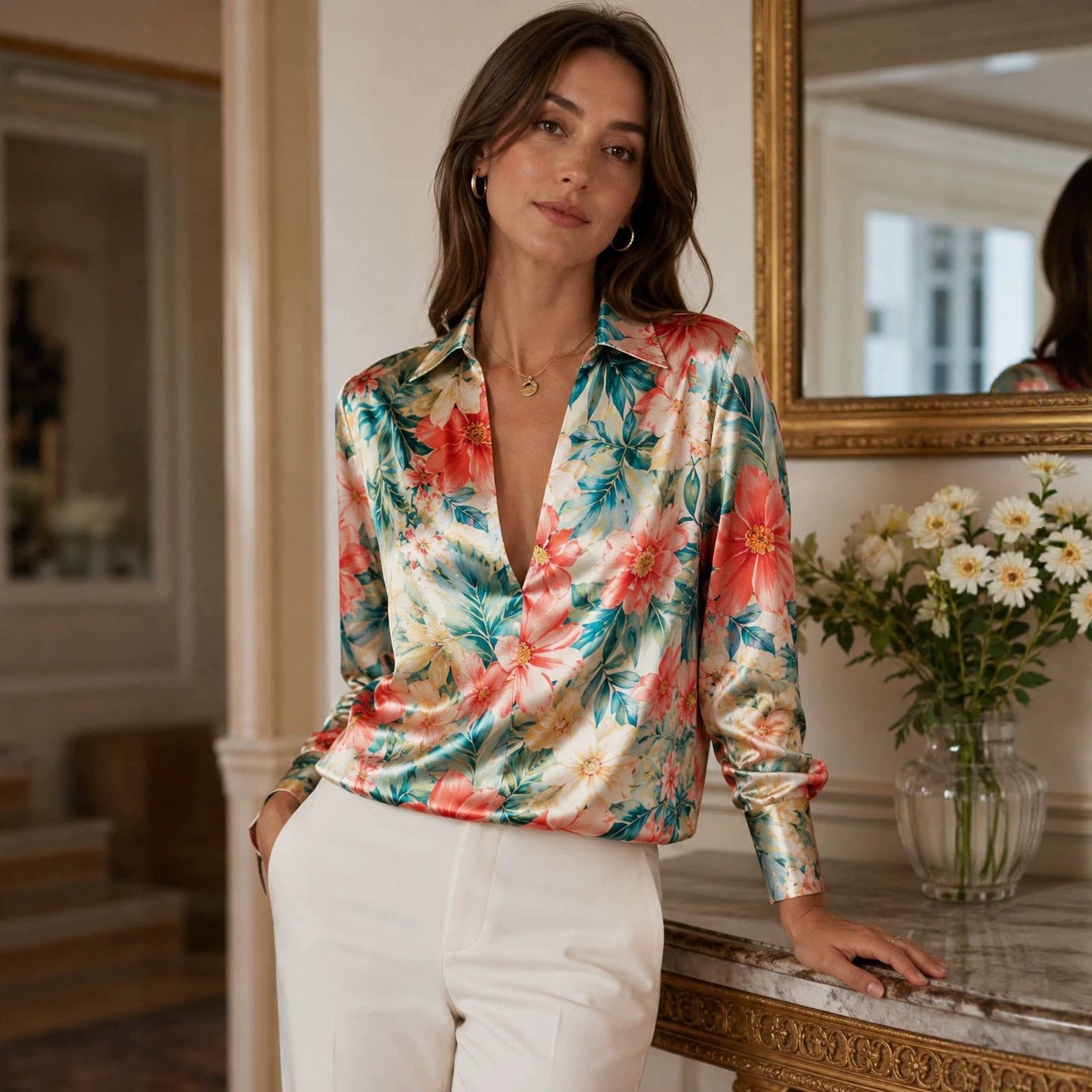 Retro Ink-wash Floral Lapel Deep-V Satin Blouse