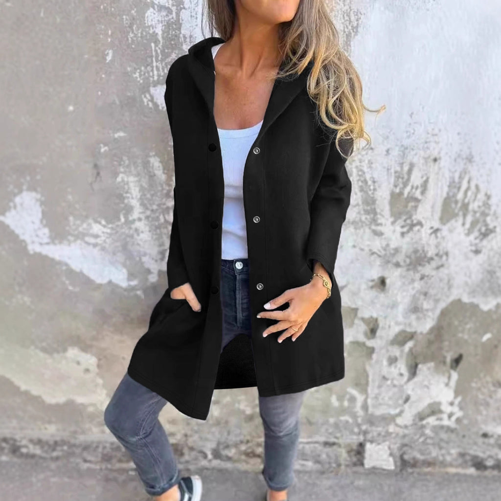 Femmes Bouton à capuche Cardigan à manches longues Loose Mid Longueur Coat Casual Outerwear avec