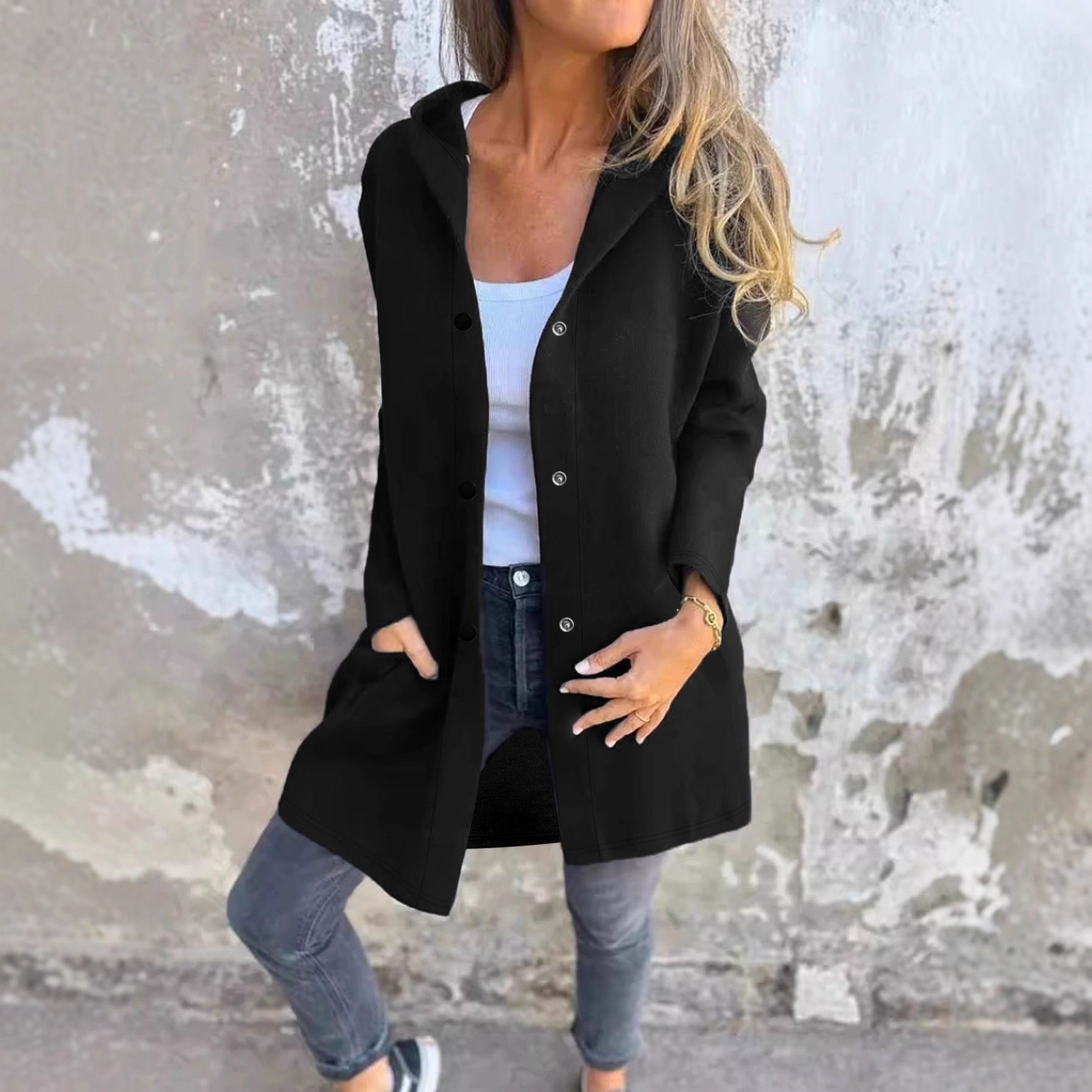 Femmes Bouton à capuche Cardigan à manches longues Loose Mid Longueur Coat Casual Outerwear avec