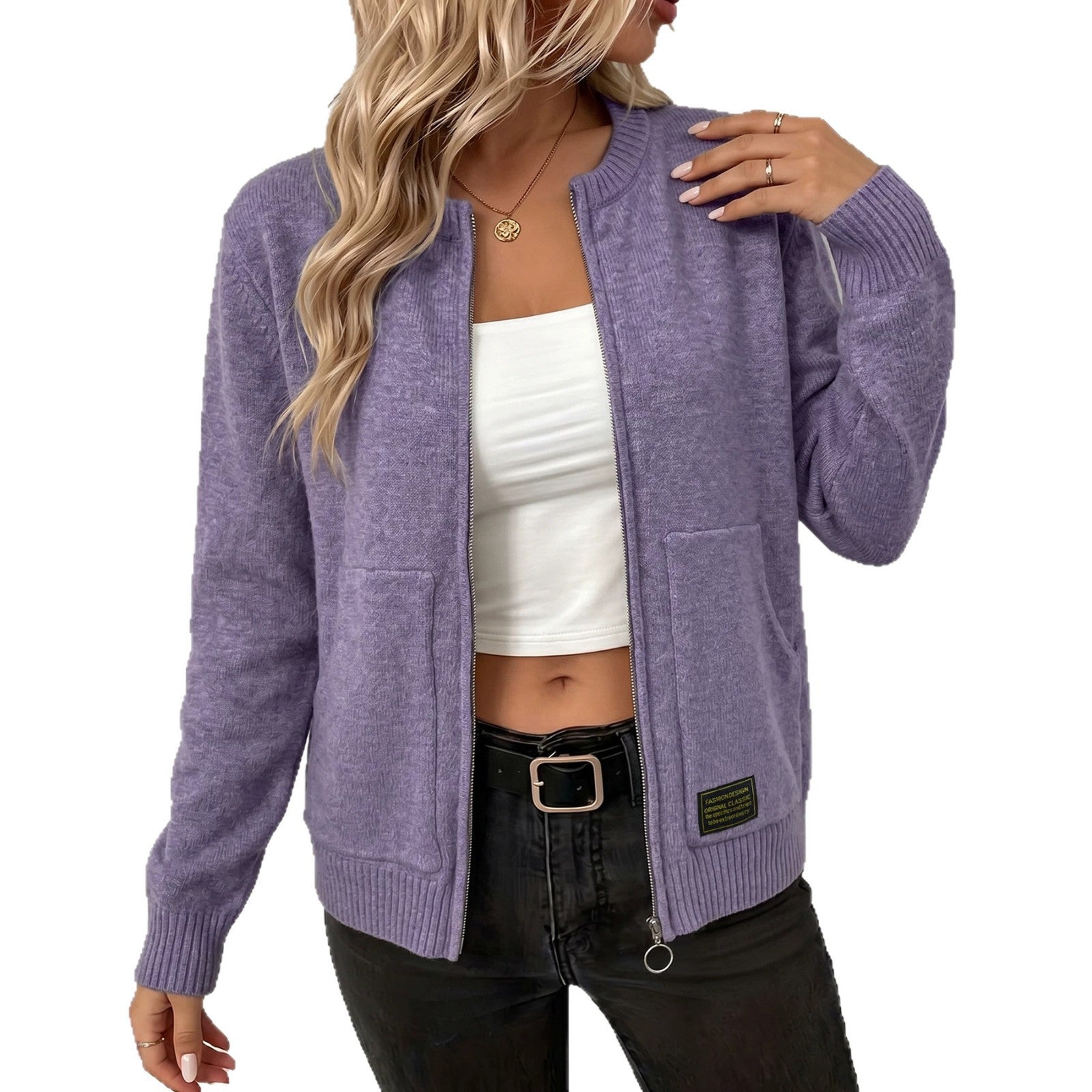 Cardigan tricoté couleur solide pour femmes avec fermeture éclair