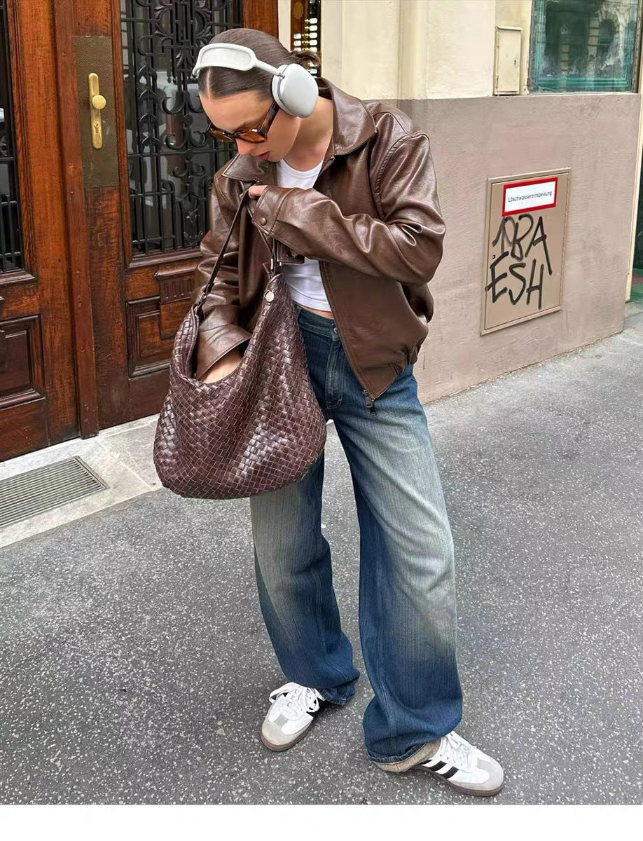 Veste de moto vintage en cuir brun pour femme