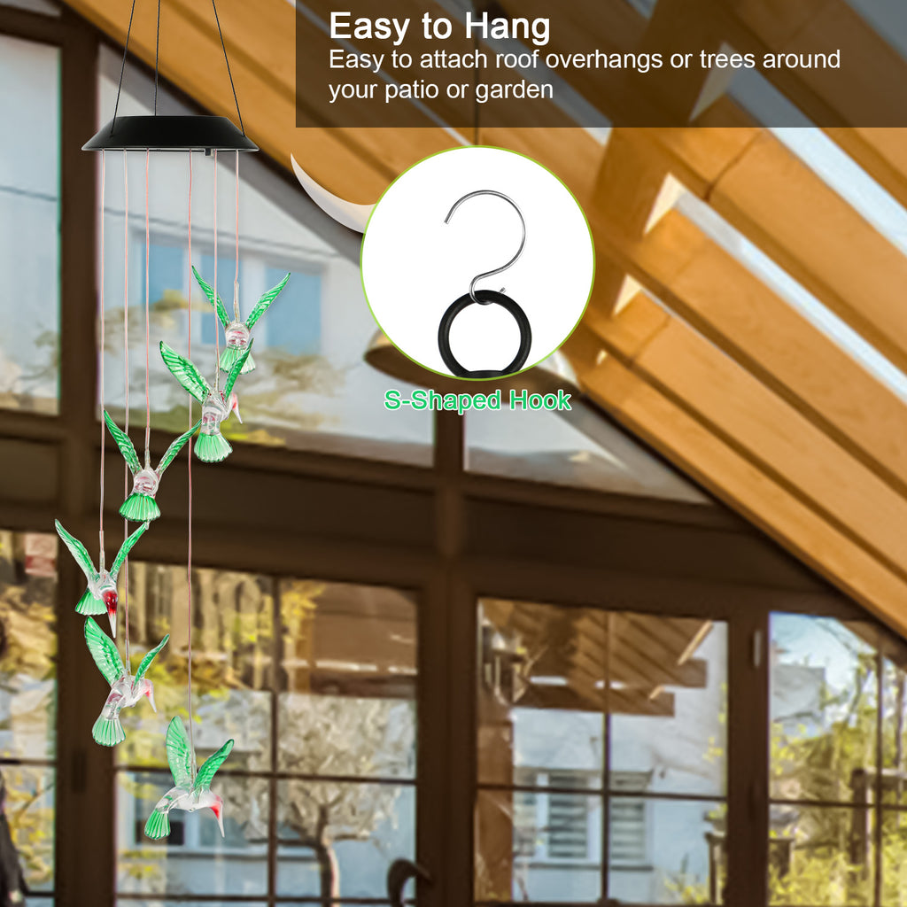 LED Solar Hummingbird Wind Chime for Spring Solar String Lights 6 LEDs Color-Changing IP65