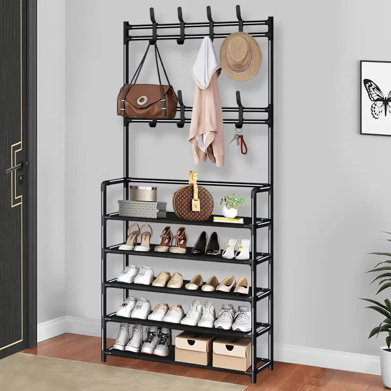 Porte-manteau et chapeau 8 crochets en métal Rack de chaussures 5 niveaux Étagère Hanger noir