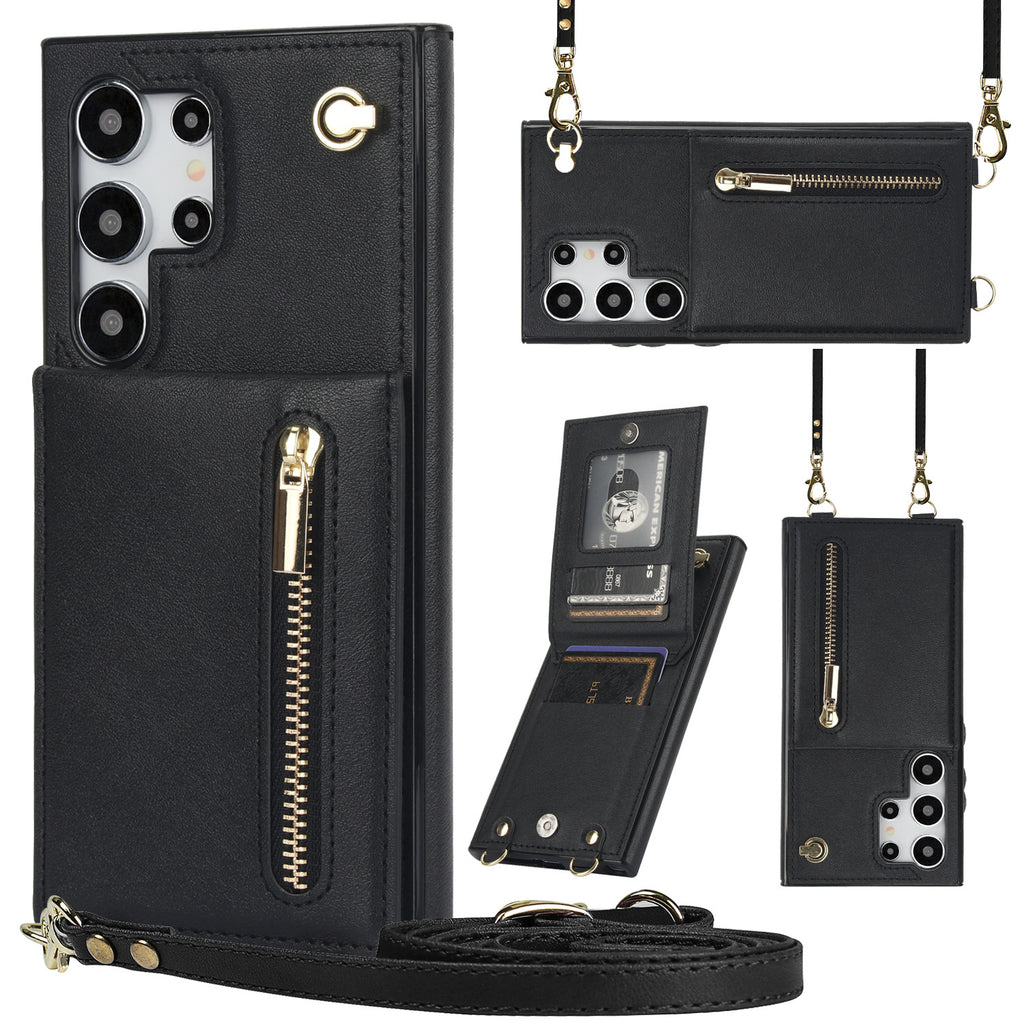 Card Crossbody Zipper Coque de téléphone en cuir