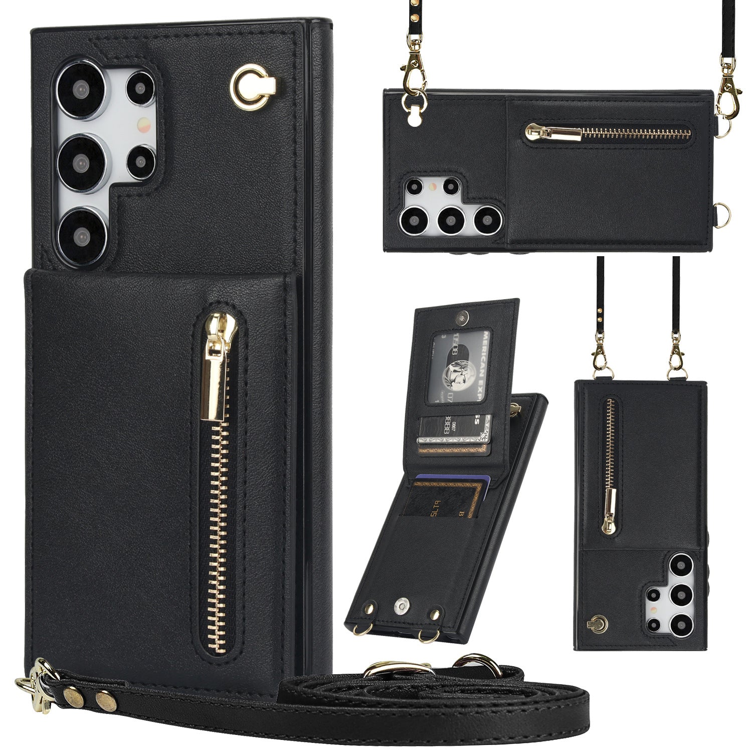 Card Crossbody Zipper Coque de téléphone en cuir