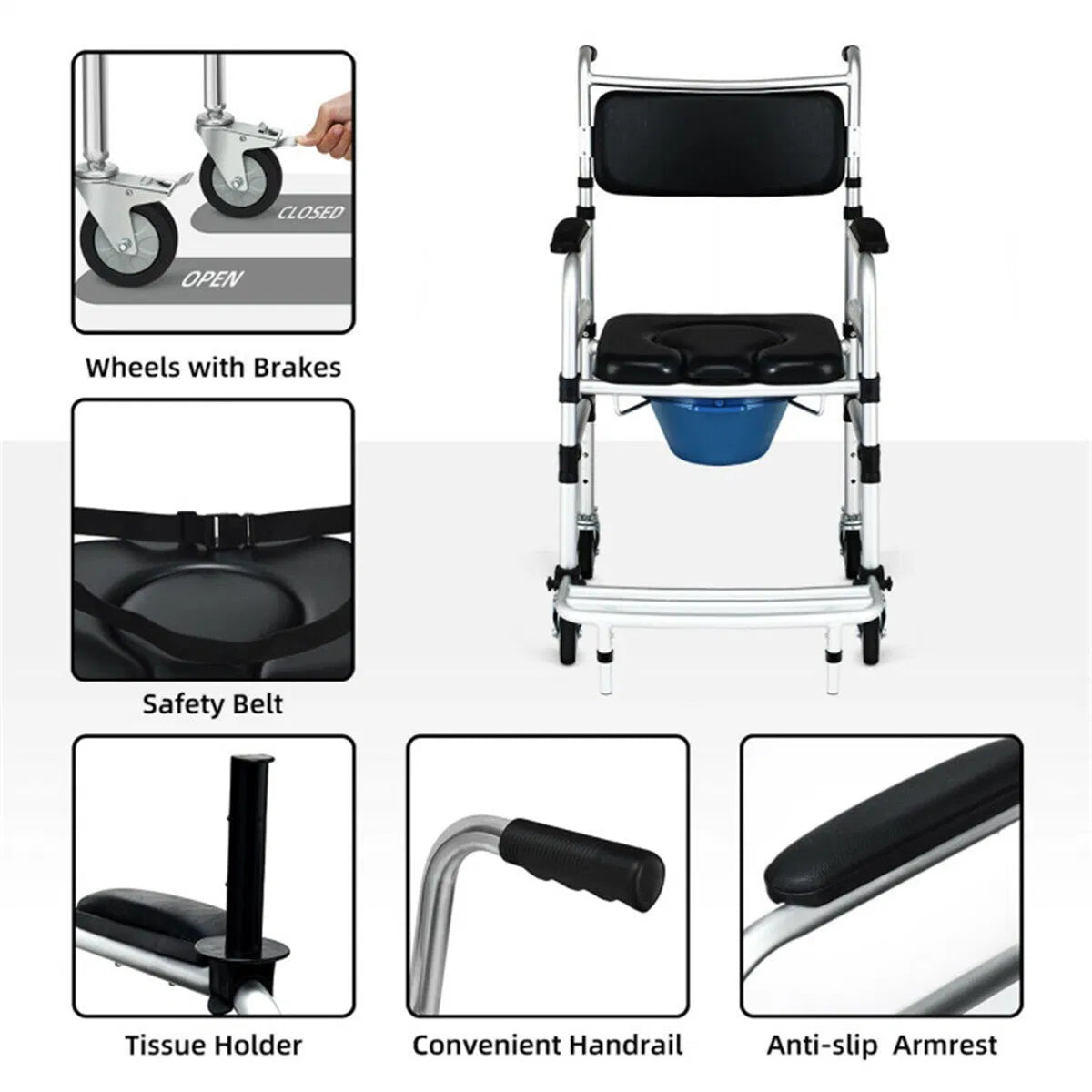 2-en-1 en aluminium Commode douche bain/toilette en fauteuil roulant utilisation