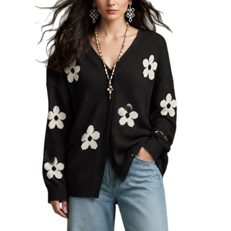 Manteau de cardigan à mailles plus grandes, imprimé floral féminin