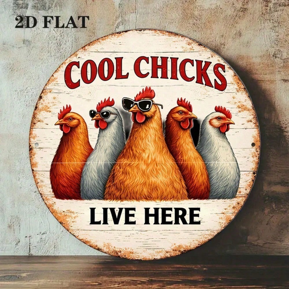 8x8in Retro Cool Chicken Round Sign Funny Farmhouse Bar Decor