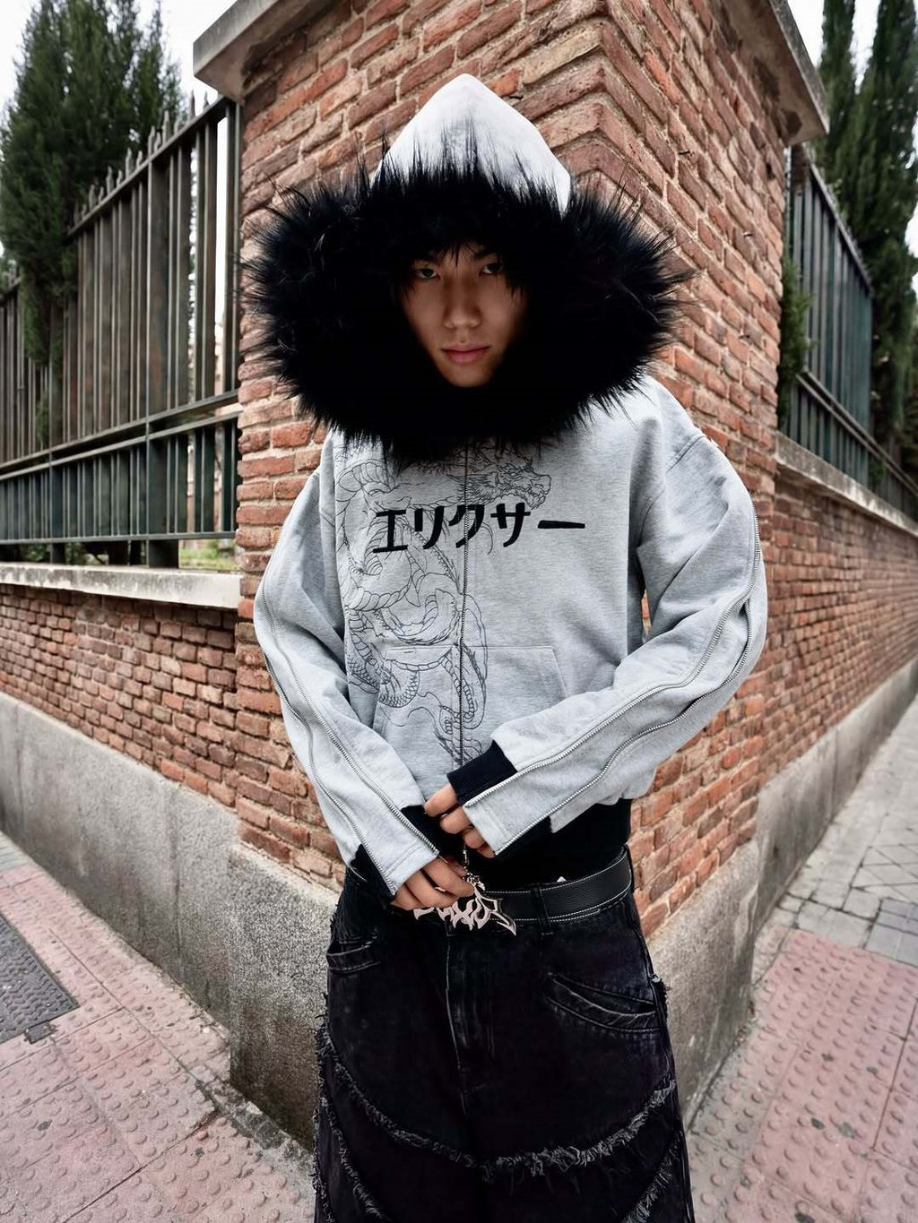 Sweatshirt imprimé à capuche à capuchon en collier de fourrure pour homme