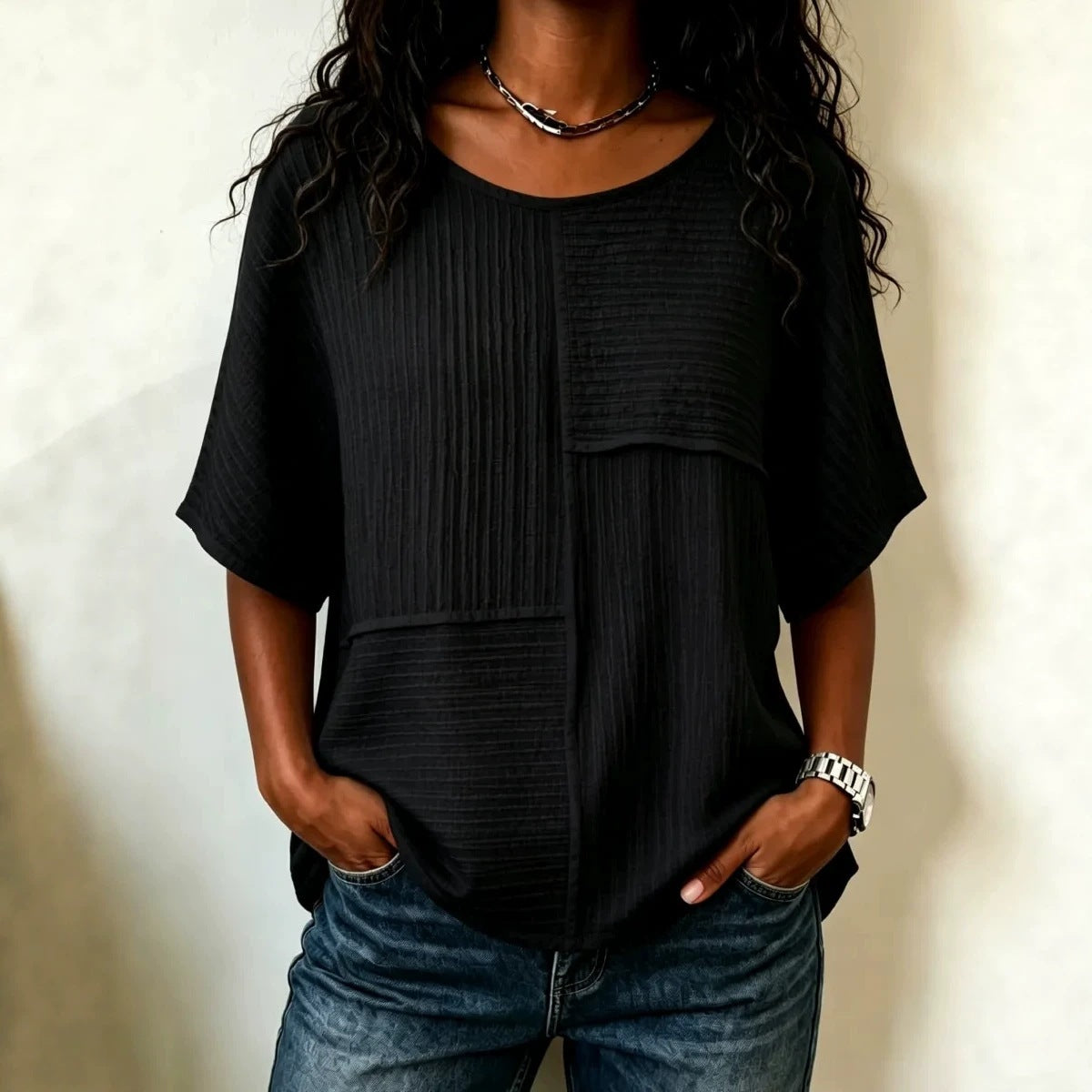 Femmes Casual Patchwork Haut à manches courtes
