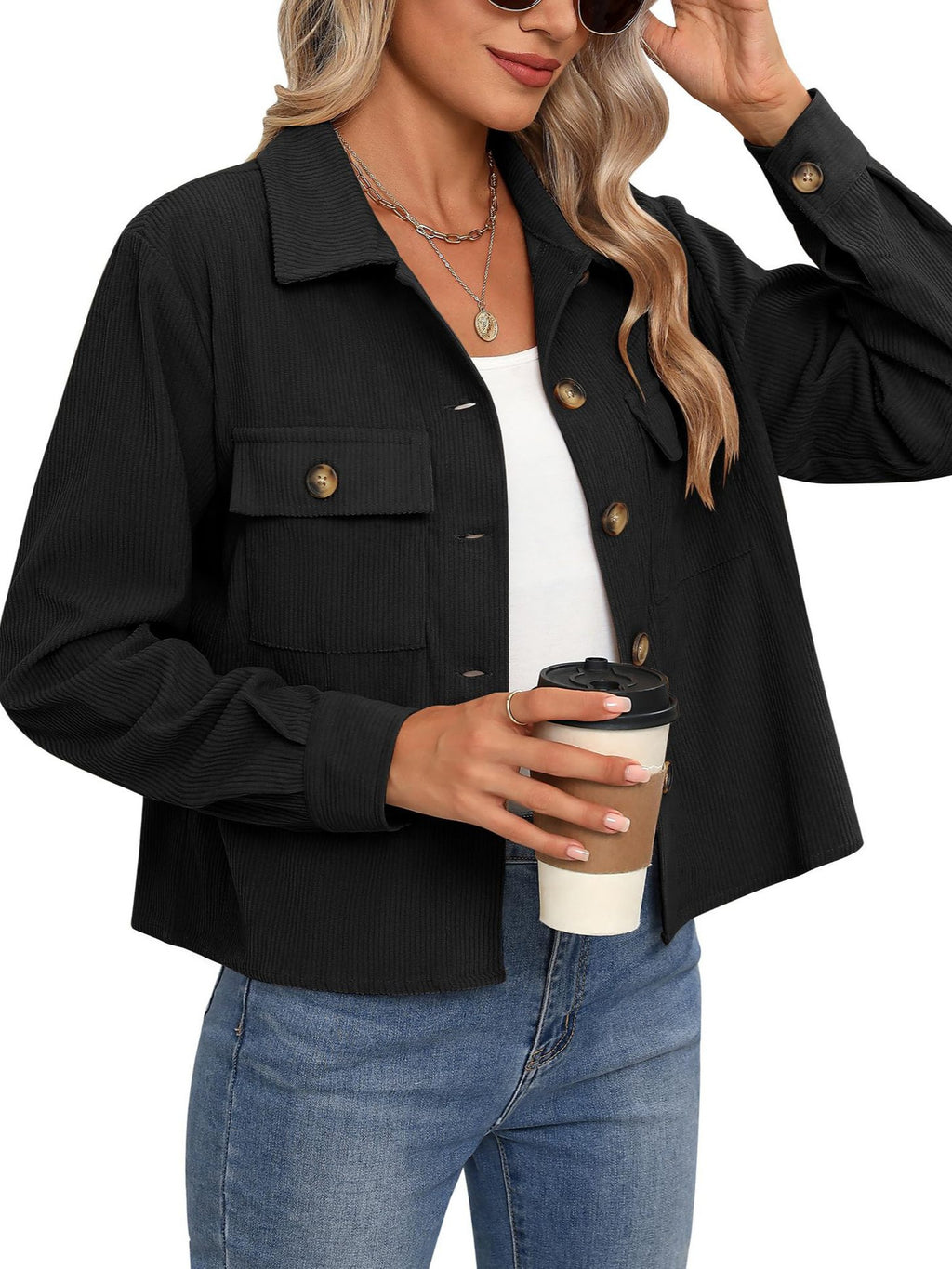 Femmes Casual Corduroy Bouton vers le bas Veste taillée Mode Court Top