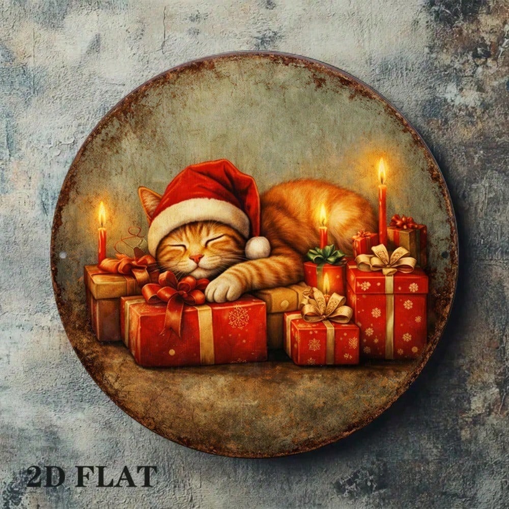 Vintage Christmas Kittens rond panneau 8x8in mignon Xmas décoration murale