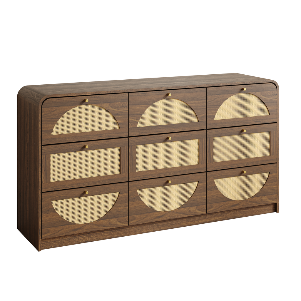 Finition de noix Dressing 9-Drawer avec Rattan Front